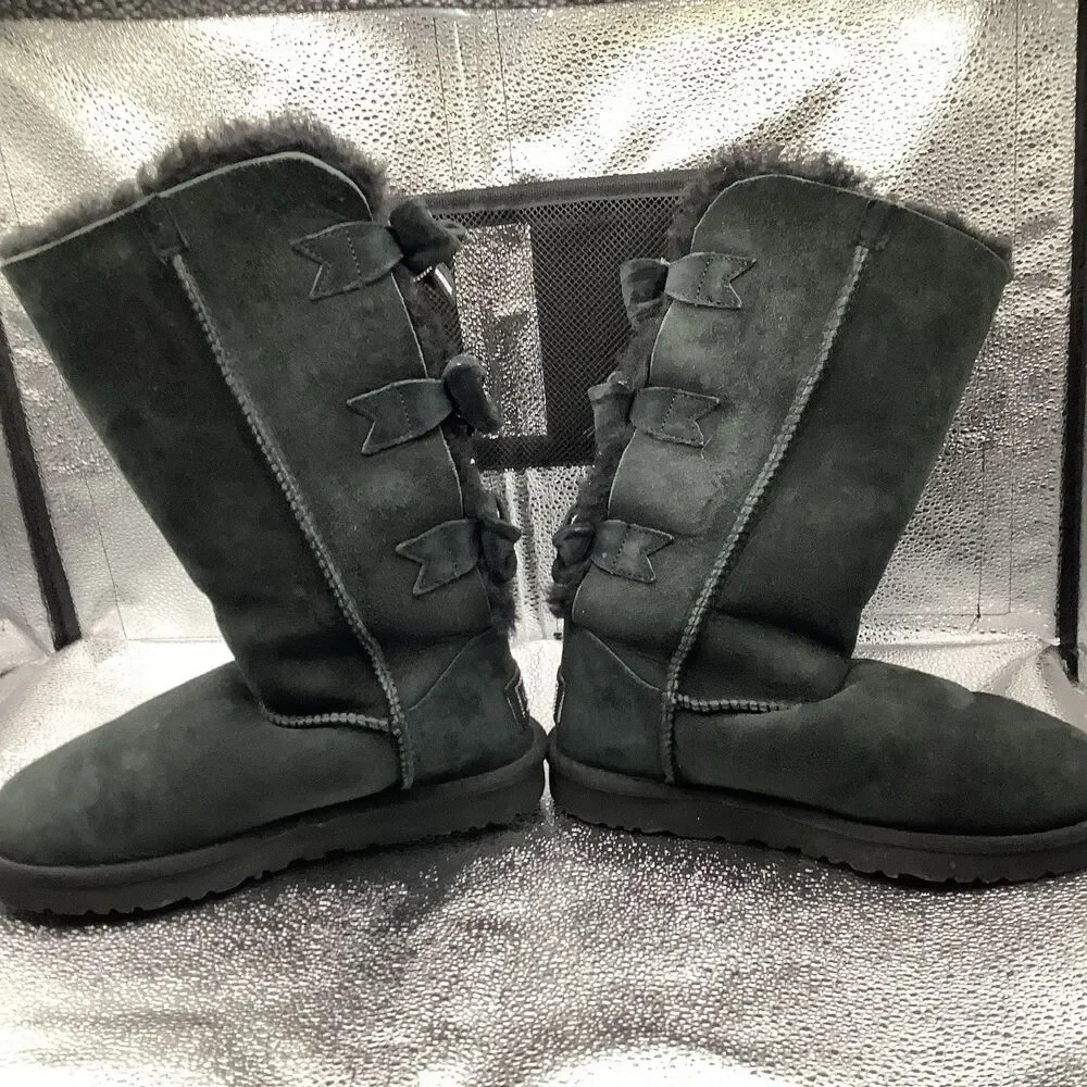 UGG Amelie 1008148 Swarovski Crystal Triple Bow Tall Boots Black Womens 7 Rare